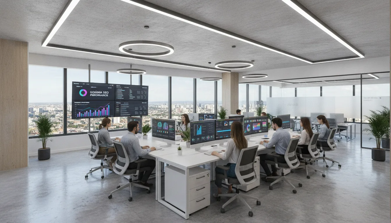 Pessoas em escritório moderno analisando gráficos de SEO em monitores grandes | Imagine Company - Agência de Marketing e Vendas em Goiânia - GO - BRASIL
