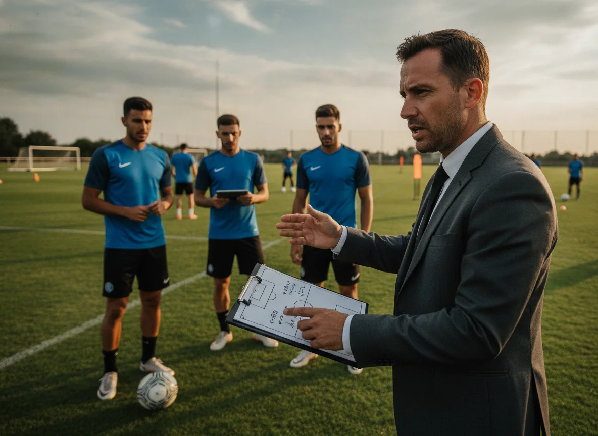 Treinador com prancheta instruindo jogadores em campo de futebol | Imagine Company - Agência de Marketing e Vendas em Goiânia - GO - BRASIL
