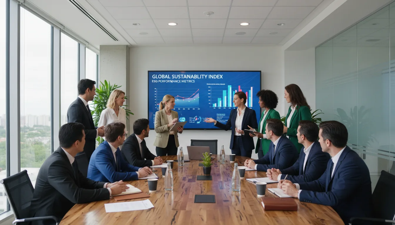 Executivos em reunião sobre índices de sustentabilidade ESG com gráfico em tela | Imagine Company - Agência de Marketing e Vendas em Goiânia - GO - BRASIL