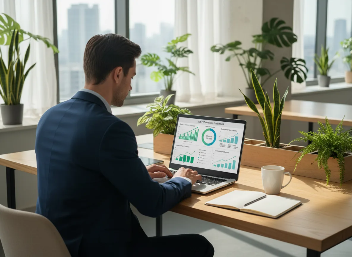 Homem de terno analisando gráficos ESG em laptop em escritório com plantas | Imagine Company - Agência de Marketing e Vendas em Goiânia - GO - BRASIL