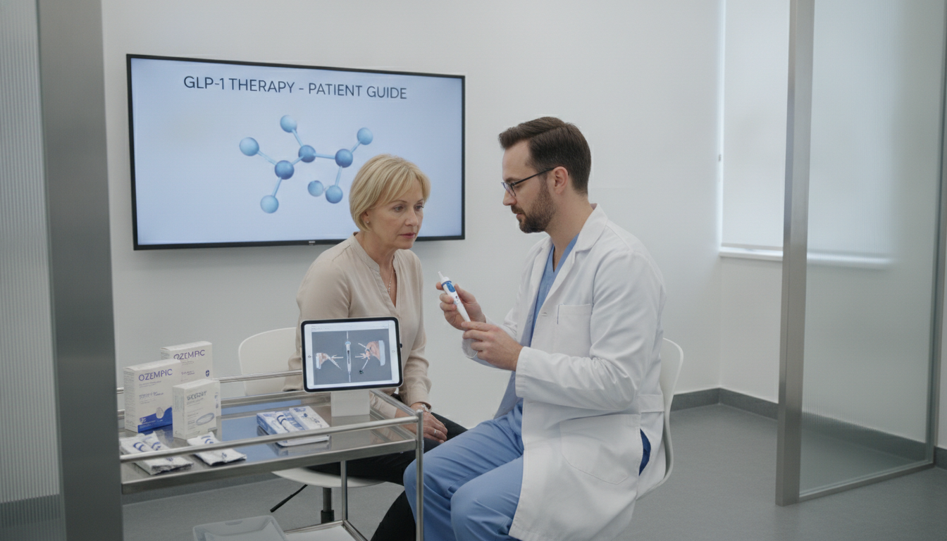 Médico orienta paciente sobre canetas GLP-1 em consultório moderno. | Imagine Company - Agência de Marketing e Vendas em Goiânia - GO - BRASIL