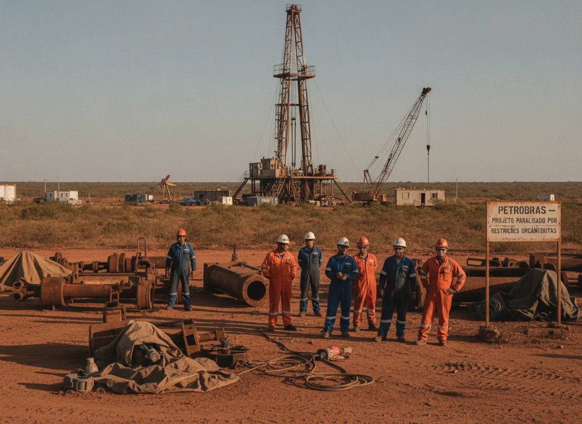 Trabalhadores em campo de petróleo com equipamentos e placa da Petrobras. | Imagine Company - Agência de Marketing e Vendas em Goiânia - GO - BRASIL