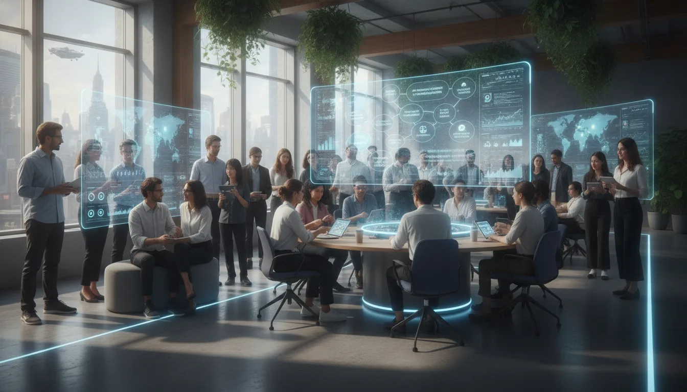 Profissionais reunidos em sala moderna com telas digitais planejando estratégia de conteúdo | Imagine Company - Agência de Marketing e Vendas em Goiânia - GO - BRASIL