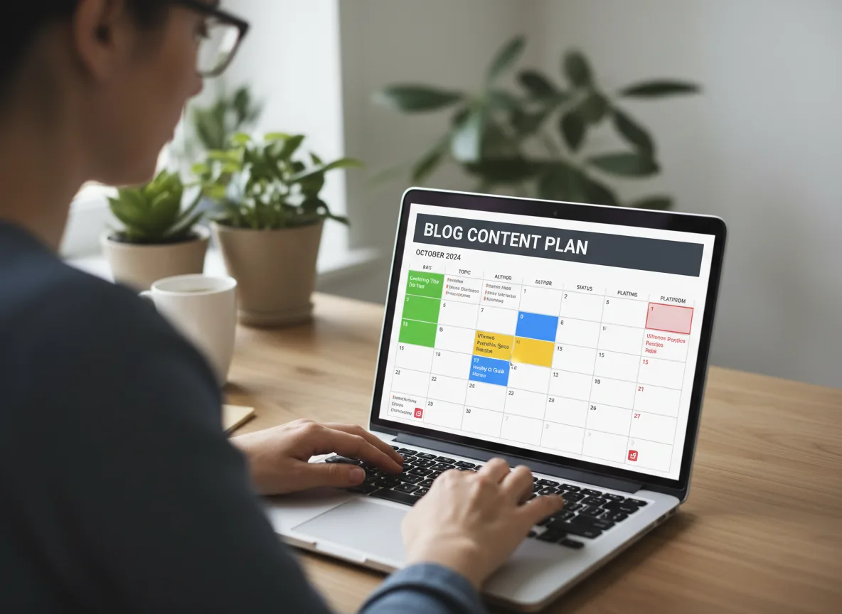 Pessoa usando notebook com plano de conteúdo de blog em calendário | Imagine Company - Agência de Marketing e Vendas em Goiânia - GO - BRASIL