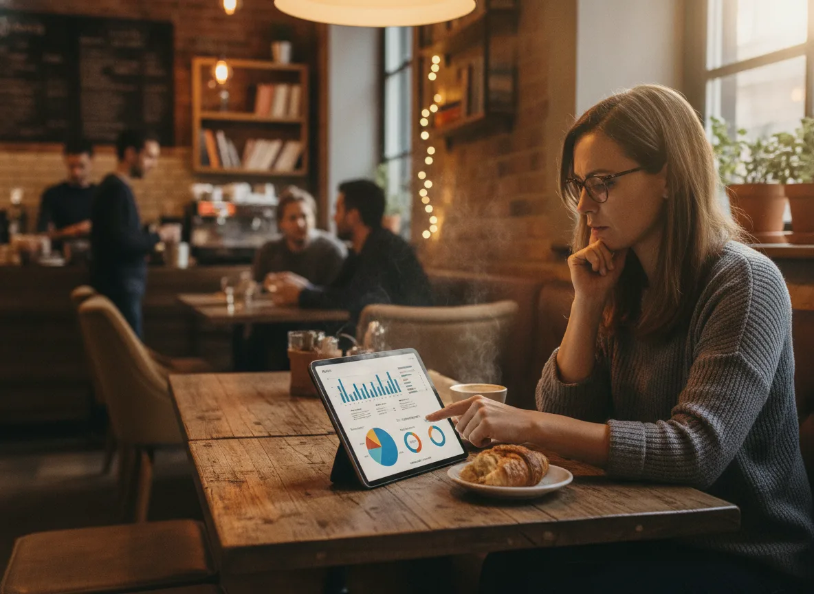 Mulher em café usando tablet para analisar gráficos de redes sociais | Imagine Company - Agência de Marketing e Vendas em Goiânia - GO - BRASIL