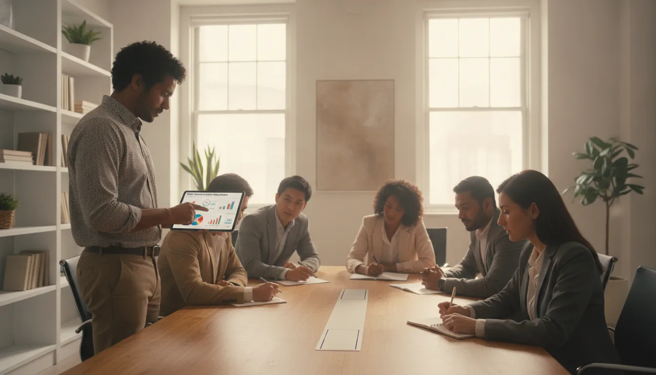 Pessoa apresenta dados em tablet para equipe em reunião sobre SEO. | Imagine Company - Agência de Marketing e Vendas em Goiânia - GO - BRASIL