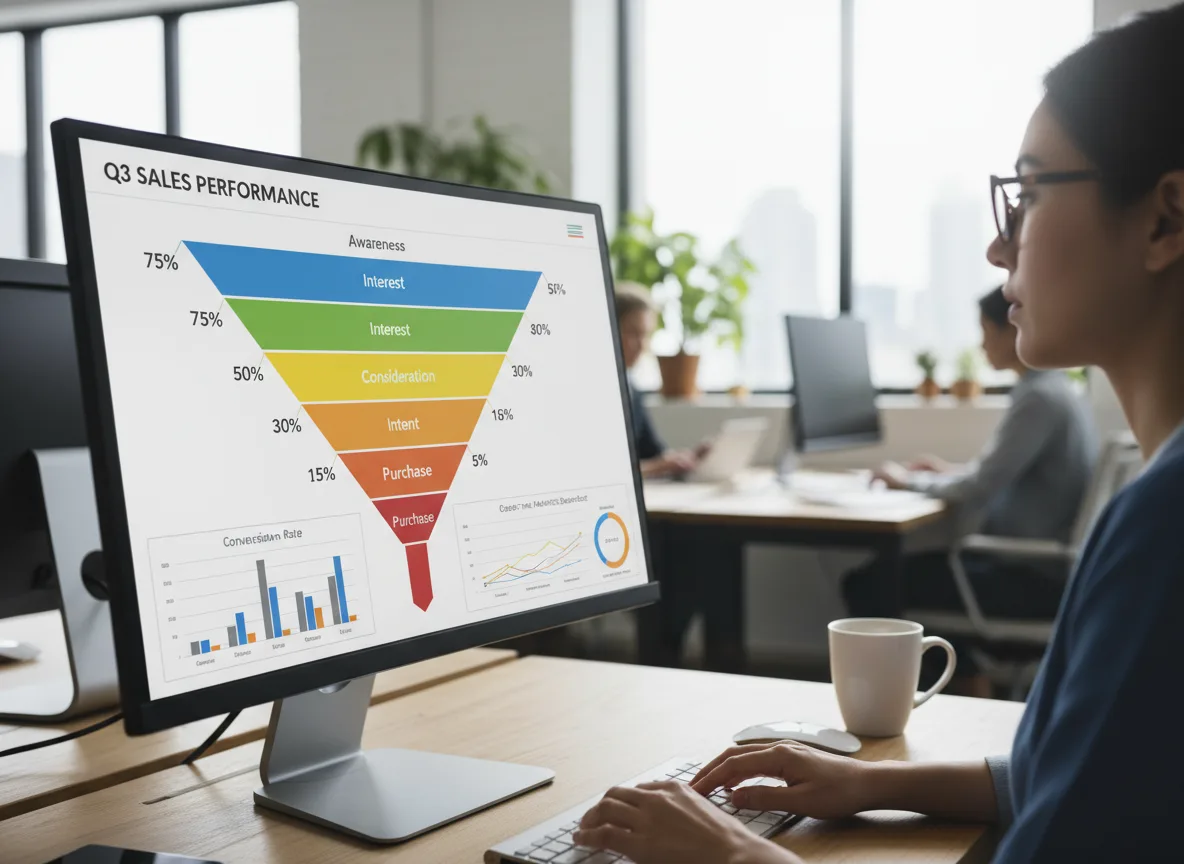 Mulher observando gráfico de funil de vendas no monitor em escritório | Imagine Company - Agência de Marketing e Vendas em Goiânia - GO - BRASIL