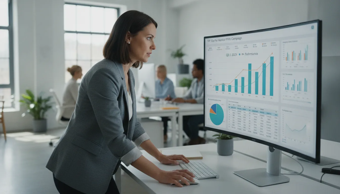 Mulher em escritório analisando gráficos de PPC em tela de computador. | Imagine Company - Agência de Marketing e Vendas em Goiânia - GO - BRASIL