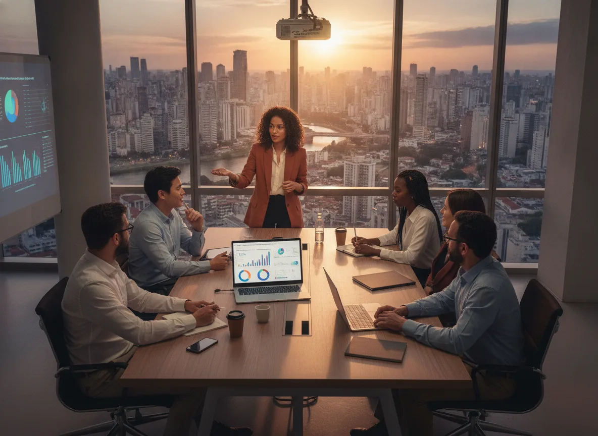 Pessoas em reunião discutindo estratégias de remarketing com gráficos | Imagine Company - Agência de Marketing e Vendas em Goiânia - GO - BRASIL