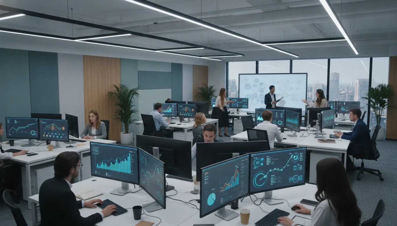 Escritório moderno com profissionais analisando dados em múltiplos monitores | Imagine Company - Agência de Marketing e Vendas em Goiânia - GO - BRASIL
