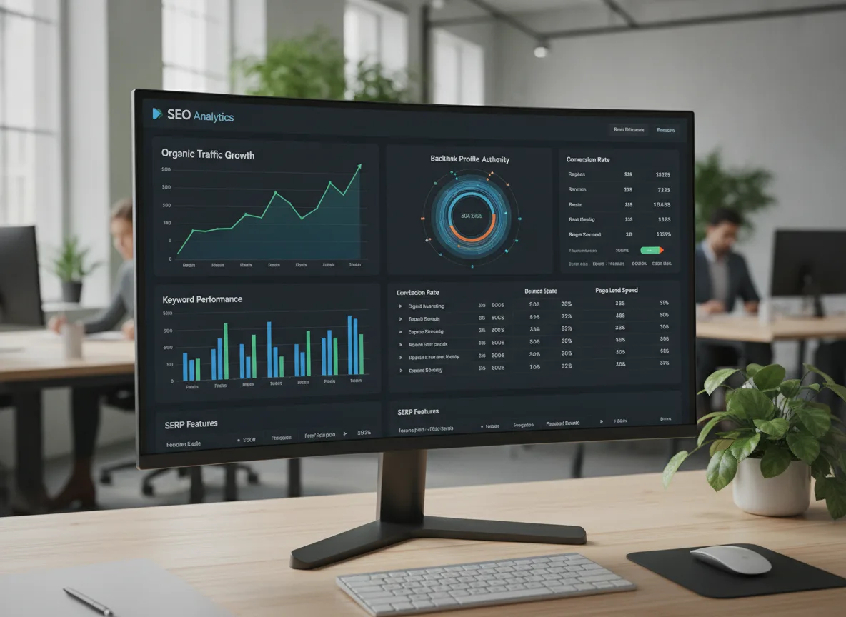 Monitor com dashboard de SEO mostrando gráficos de crescimento e desempenho em escritório | Imagine Company - Agência de Marketing e Vendas em Goiânia - GO - BRASIL