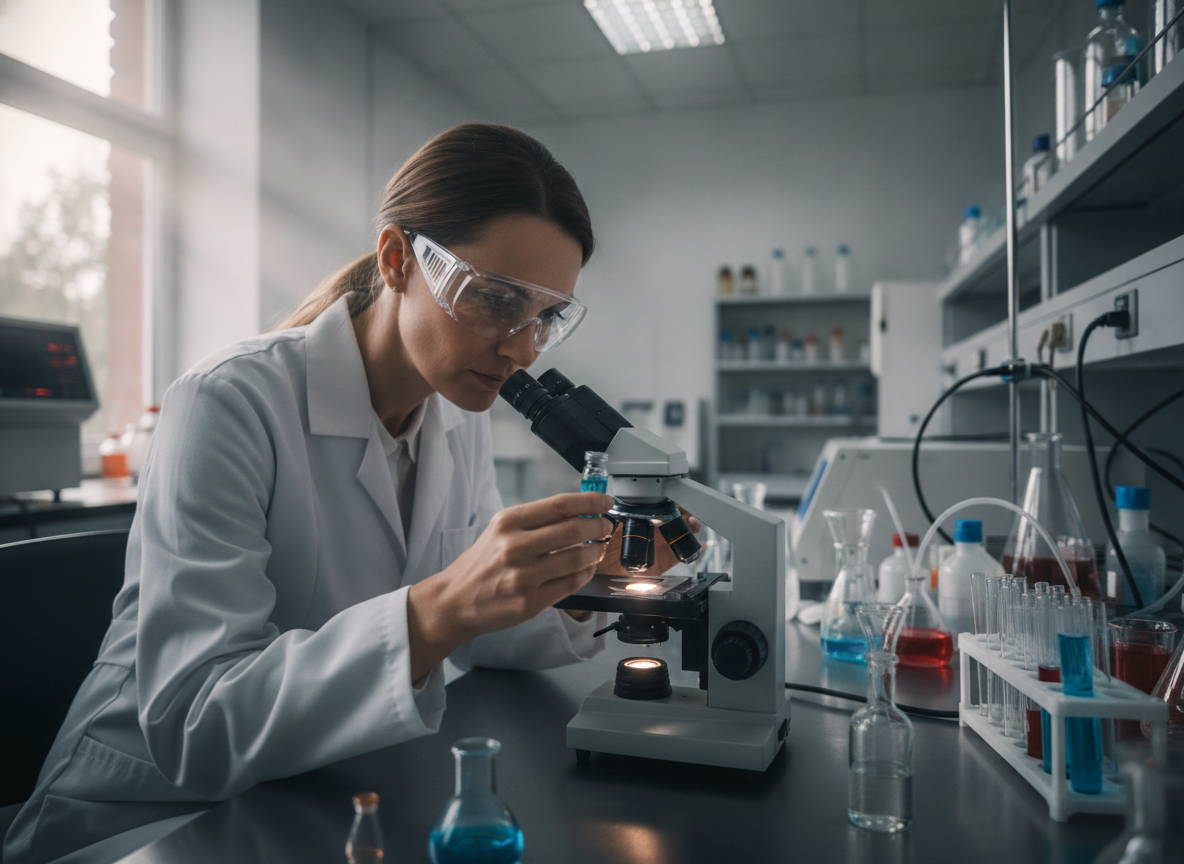 Mulher cientista usando microscópio em laboratório com frascos ao redor | Imagine Company - Agência de Marketing e Vendas em Goiânia - GO - BRASIL