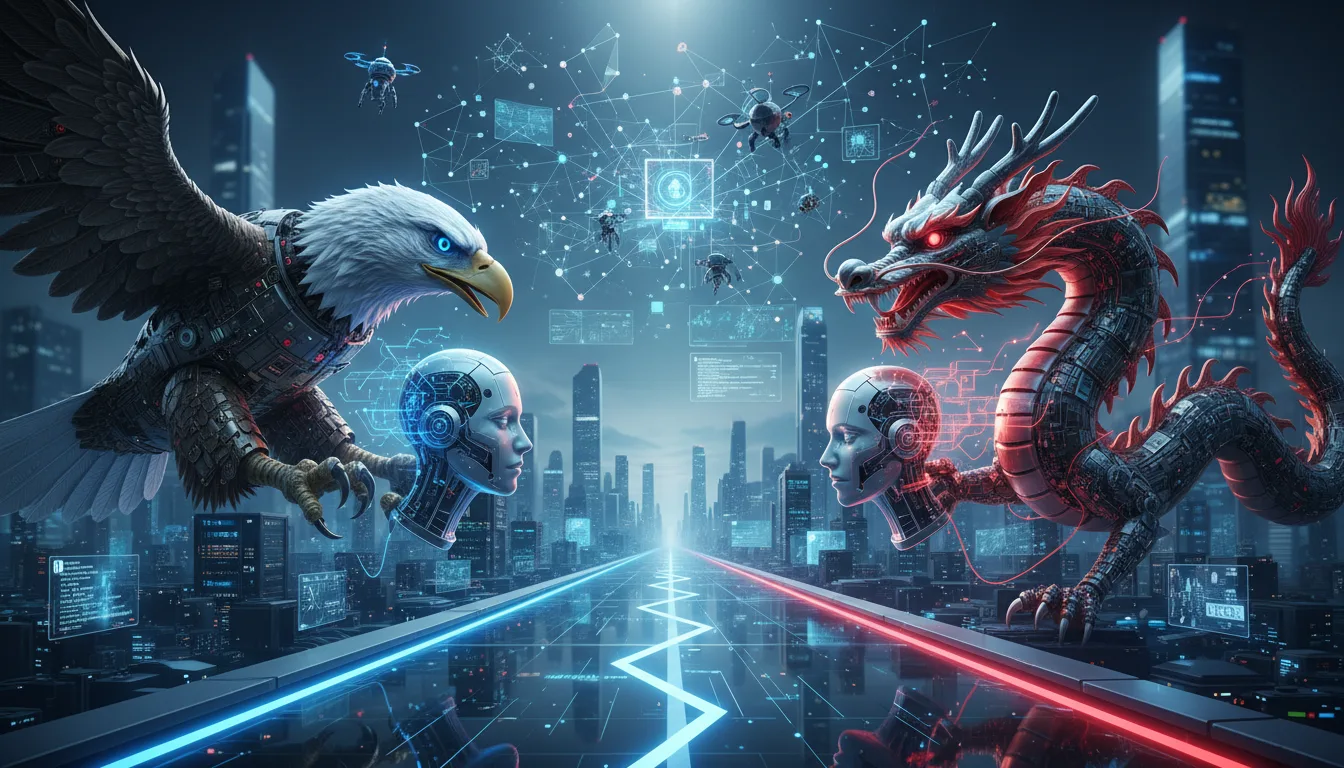 Águia e dragão representando EUA e China em disputa tecnológica de IA | Imagine Company - Agência de Marketing e Vendas em Goiânia - GO - BRASIL