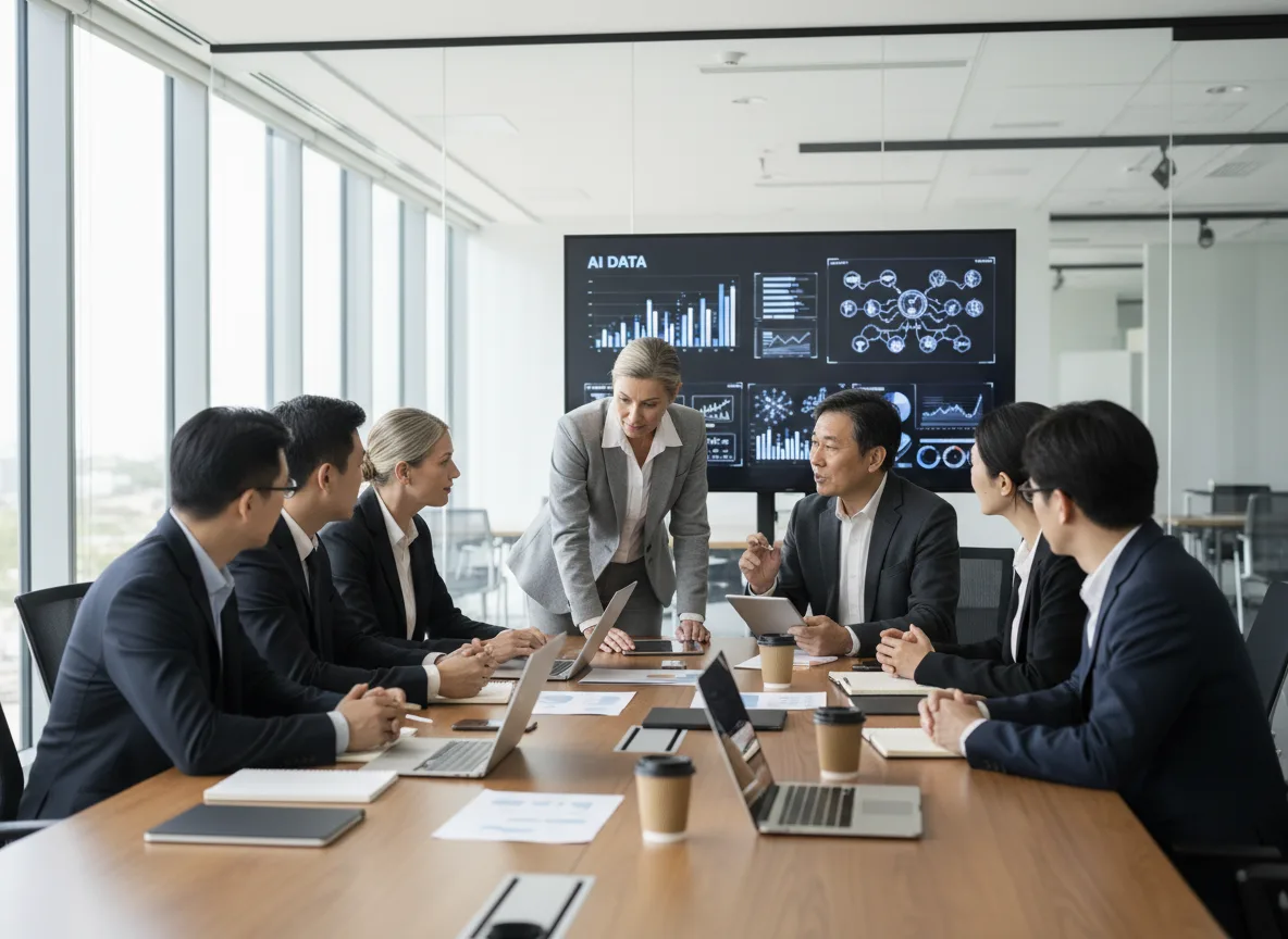 Executivos em reunião discutindo dados de IA em sala de conferências. | Imagine Company - Agência de Marketing e Vendas em Goiânia - GO - BRASIL