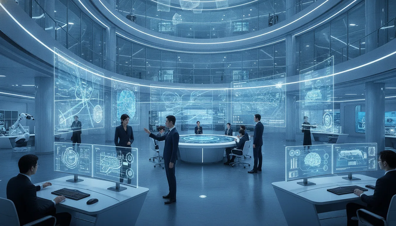Pessoas em centro de controle com telas holográficas e tecnologia avançada | Imagine Company - Agência de Marketing e Vendas em Goiânia - GO - BRASIL