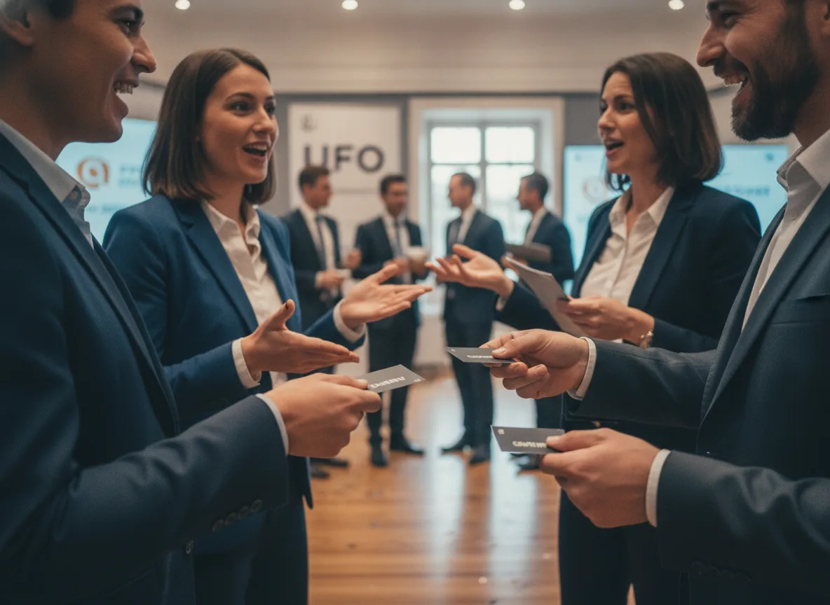 Grupo de profissionais trocando cartões em evento presencial | Imagine Company - Agência de Marketing e Vendas em Goiânia - GO - BRASIL