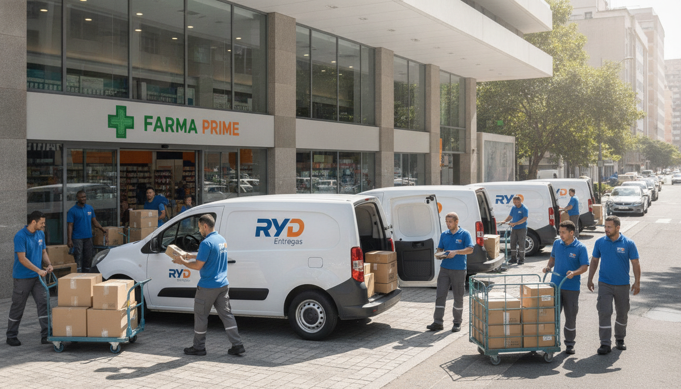 Funcionários da RYD Entregas carregando vans em frente à Farma Prime | Imagine Company - Agência de Marketing e Vendas em Goiânia - GO - BRASIL