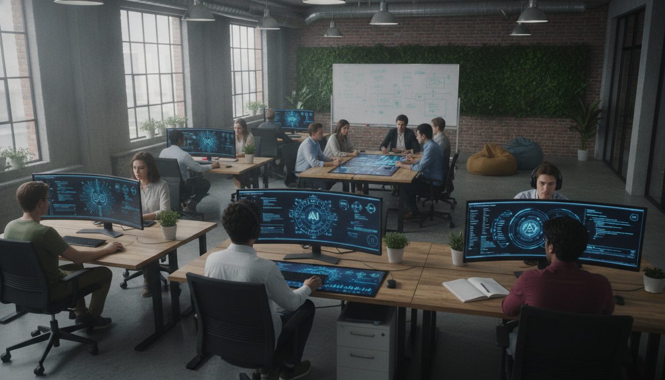 Pessoas em escritório moderno trabalhando em computadores com telas de IA | Imagine Company - Agência de Marketing e Vendas em Goiânia - GO - BRASIL