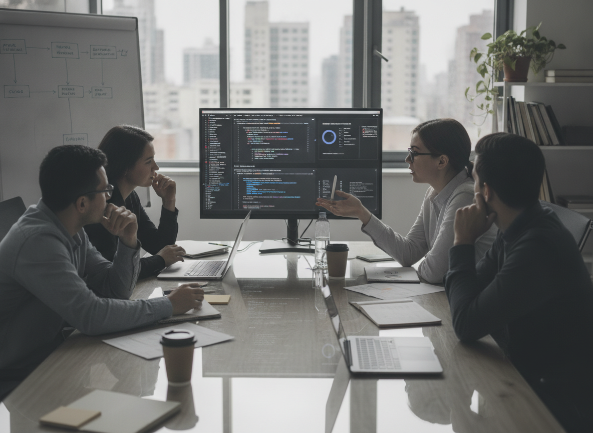 Grupo de profissionais analisando código em monitores em ambiente de escritório moderno | Imagine Company - Agência de Marketing e Vendas em Goiânia - GO - BRASIL