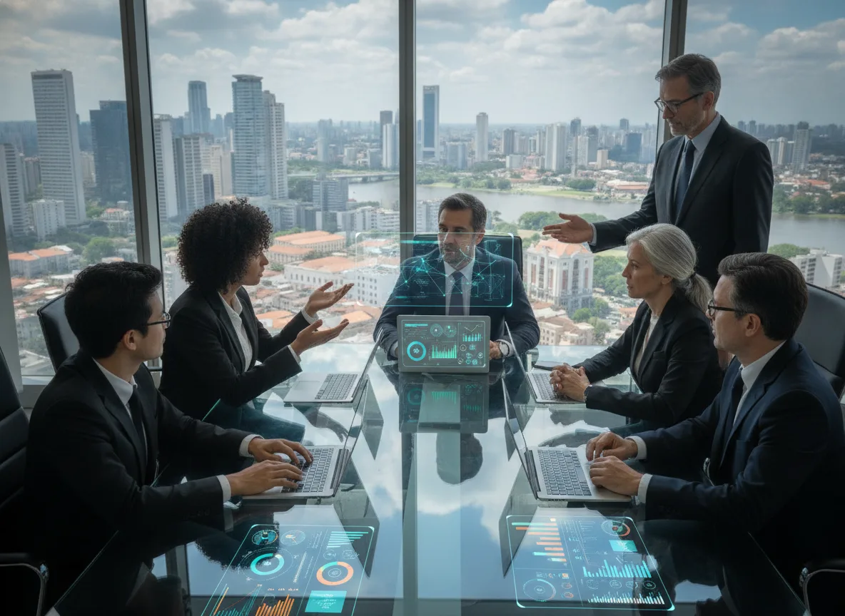 Executivos em reunião usando IA para otimizar produtividade | Imagine Company - Agência de Marketing e Vendas em Goiânia - GO - BRASIL