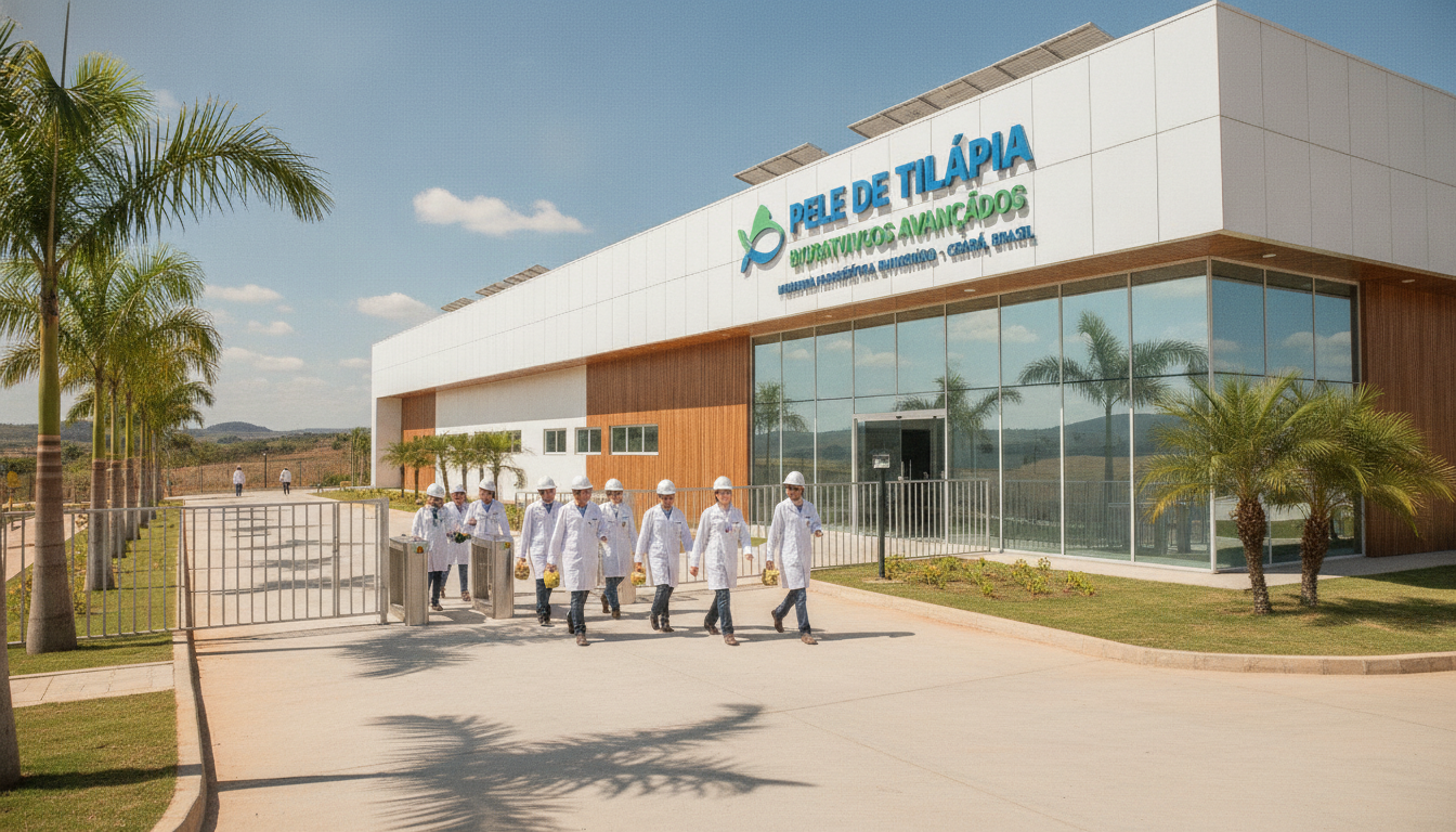 Fábrica de curativos de pele de tilápia no Ceará com equipe médica na entrada | Imagine Company - Agência de Marketing e Vendas em Goiânia - GO - BRASIL