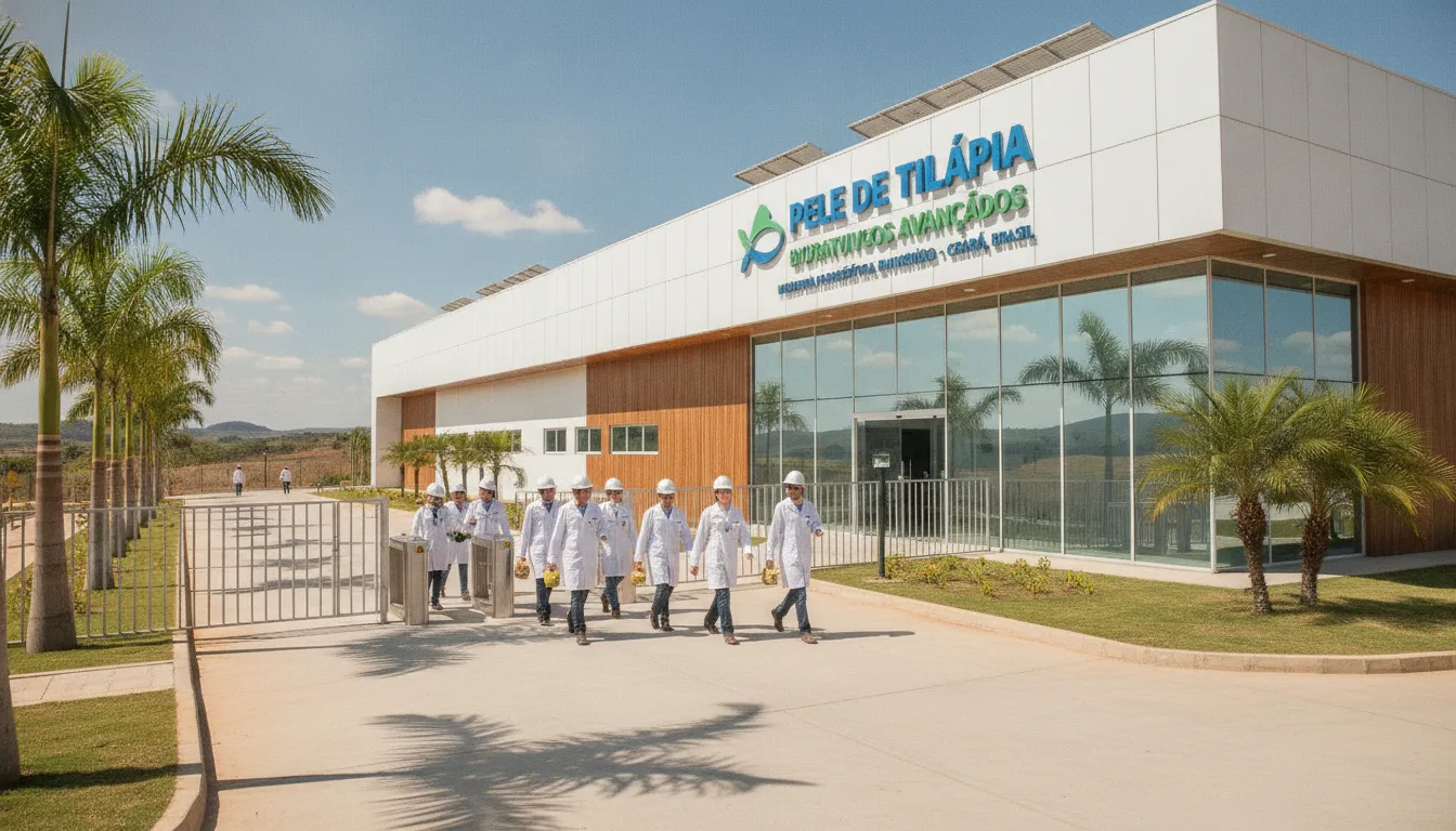 Fábrica de curativos de pele de tilápia no Ceará com equipe médica na entrada | Imagine Company - Agência de Marketing e Vendas em Goiânia - GO - BRASIL