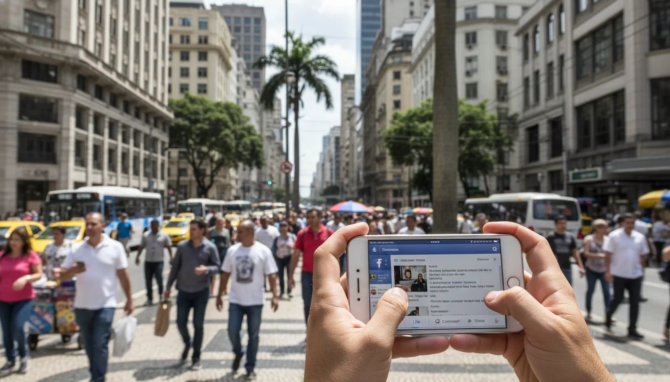 Pessoa usando Facebook em smartphone em rua movimentada | Imagine Company - Agência de Marketing e Vendas em Goiânia - GO - BRASIL