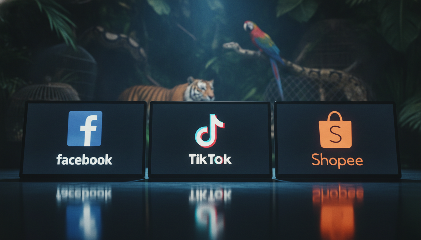 Logos do Facebook, TikTok e Shopee com animais ao fundo | Imagine Company - Agência de Marketing e Vendas em Goiânia - GO - BRASIL