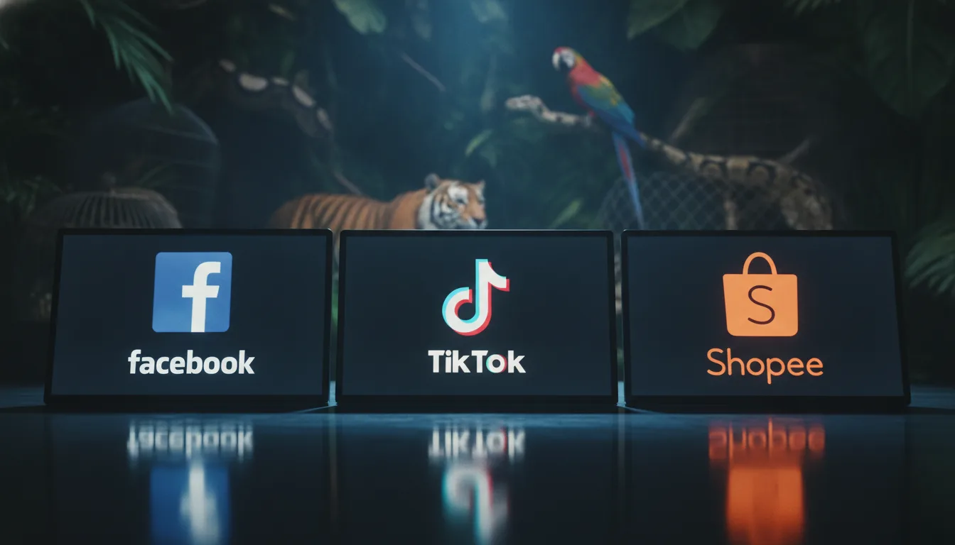 Logos do Facebook, TikTok e Shopee com animais ao fundo | Imagine Company - Agência de Marketing e Vendas em Goiânia - GO - BRASIL