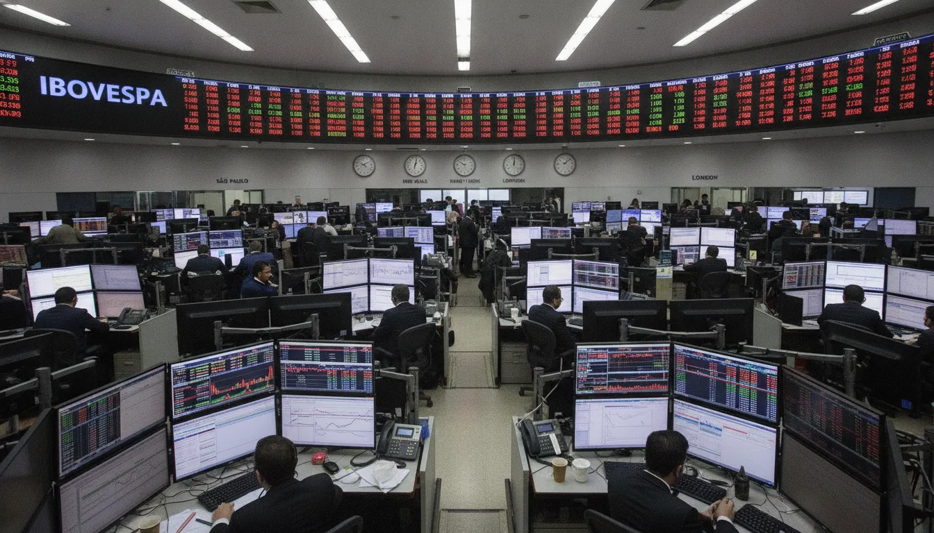 Sala de corretagem com múltiplos monitores exibindo cotações do Ibovespa | Imagine Company - Agência de Marketing e Vendas em Goiânia - GO - BRASIL