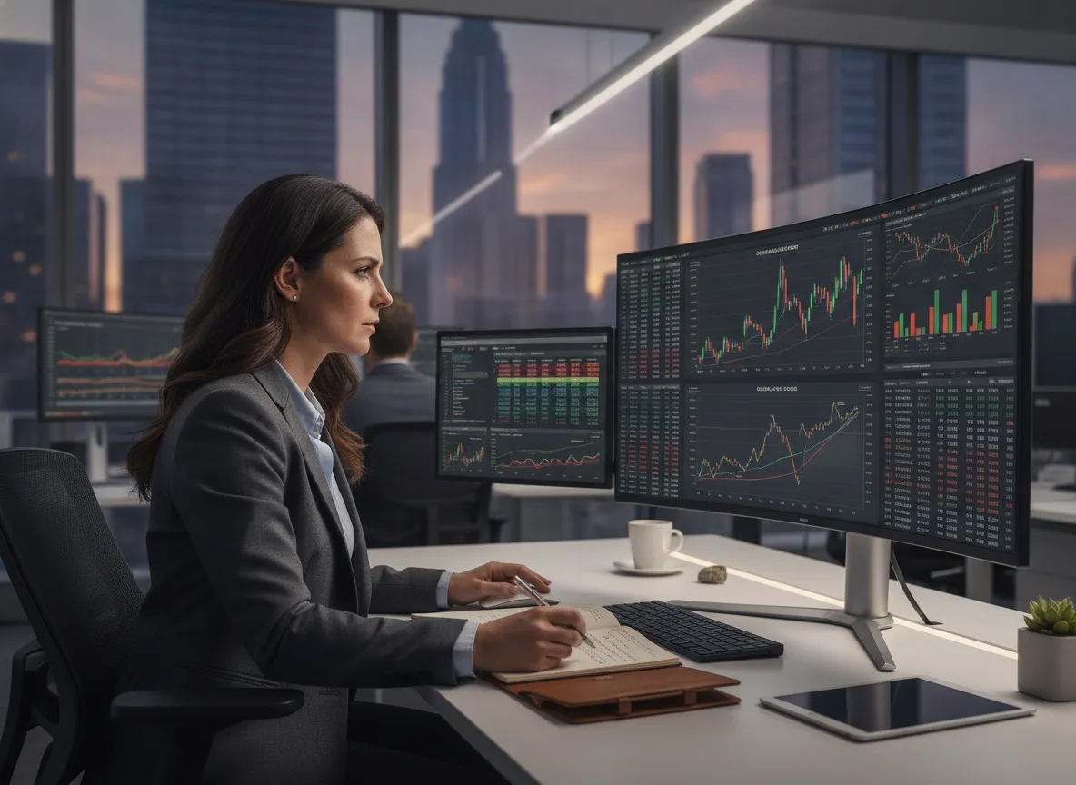 Mulher analista observa gráficos financeiros em monitores em um escritório | Imagine Company - Agência de Marketing e Vendas em Goiânia - GO - BRASIL