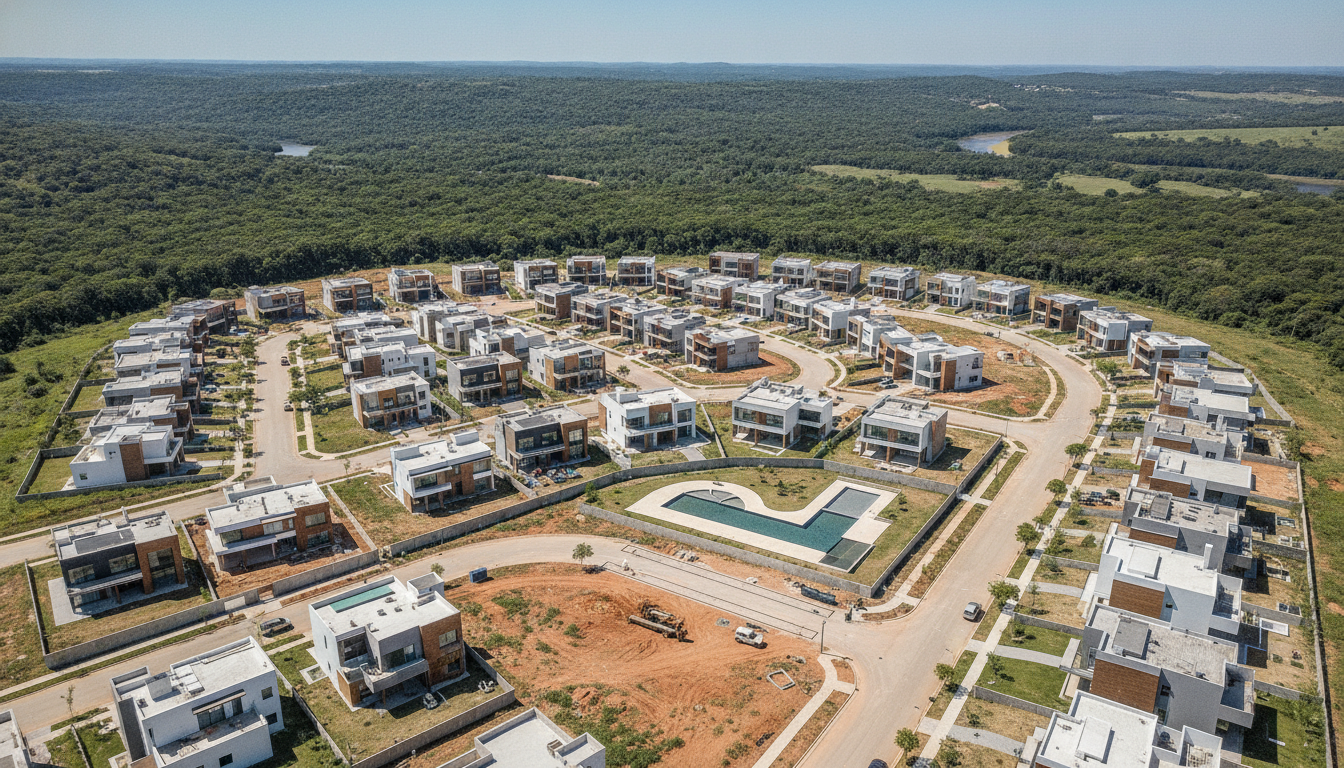 Imagem aérea de um condomínio de luxo em Goiás, com casas modernas e área verde ao redor | Imagine Company - Agência de Marketing e Vendas em Goiânia - GO - BRASIL