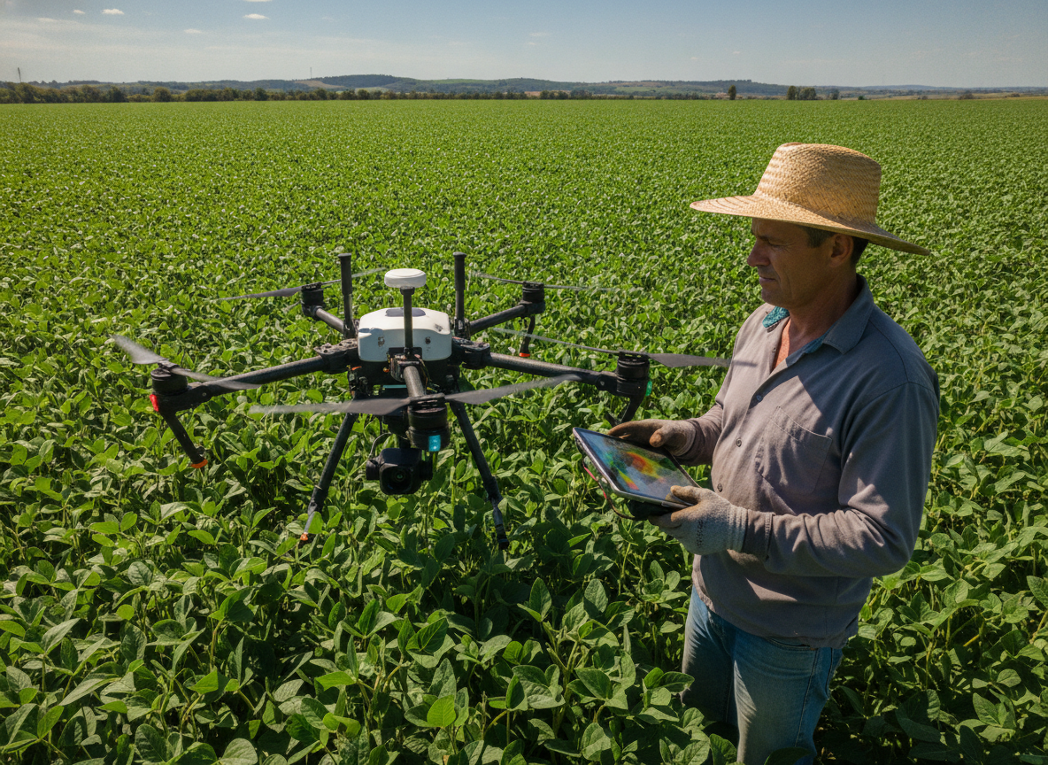 Agricultor usando drone para monitorar plantio de soja na Fazenda Horizontina | Imagine Company - Agência de Marketing e Vendas em Goiânia - GO - BRASIL
