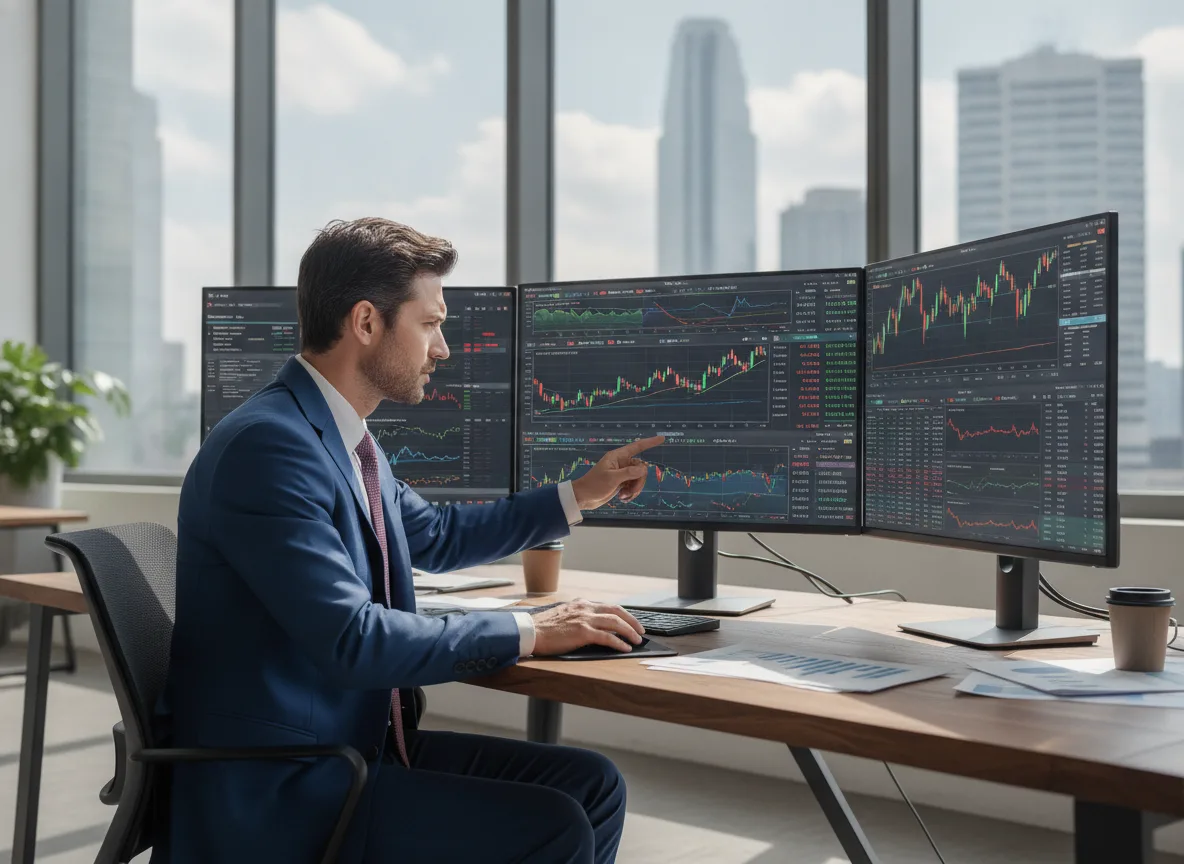 Homem em escritório analisa gráficos de ações em três monitores | Imagine Company - Agência de Marketing e Vendas em Goiânia - GO - BRASIL