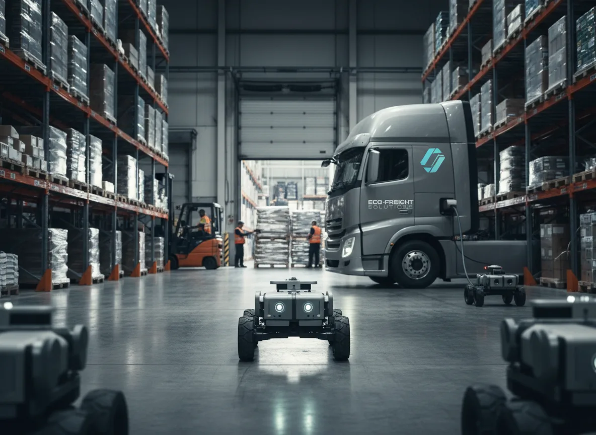 Robô de entrega e caminhão elétrico em armazém logístico | Imagine Company - Agência de Marketing e Vendas em Goiânia - GO - BRASIL