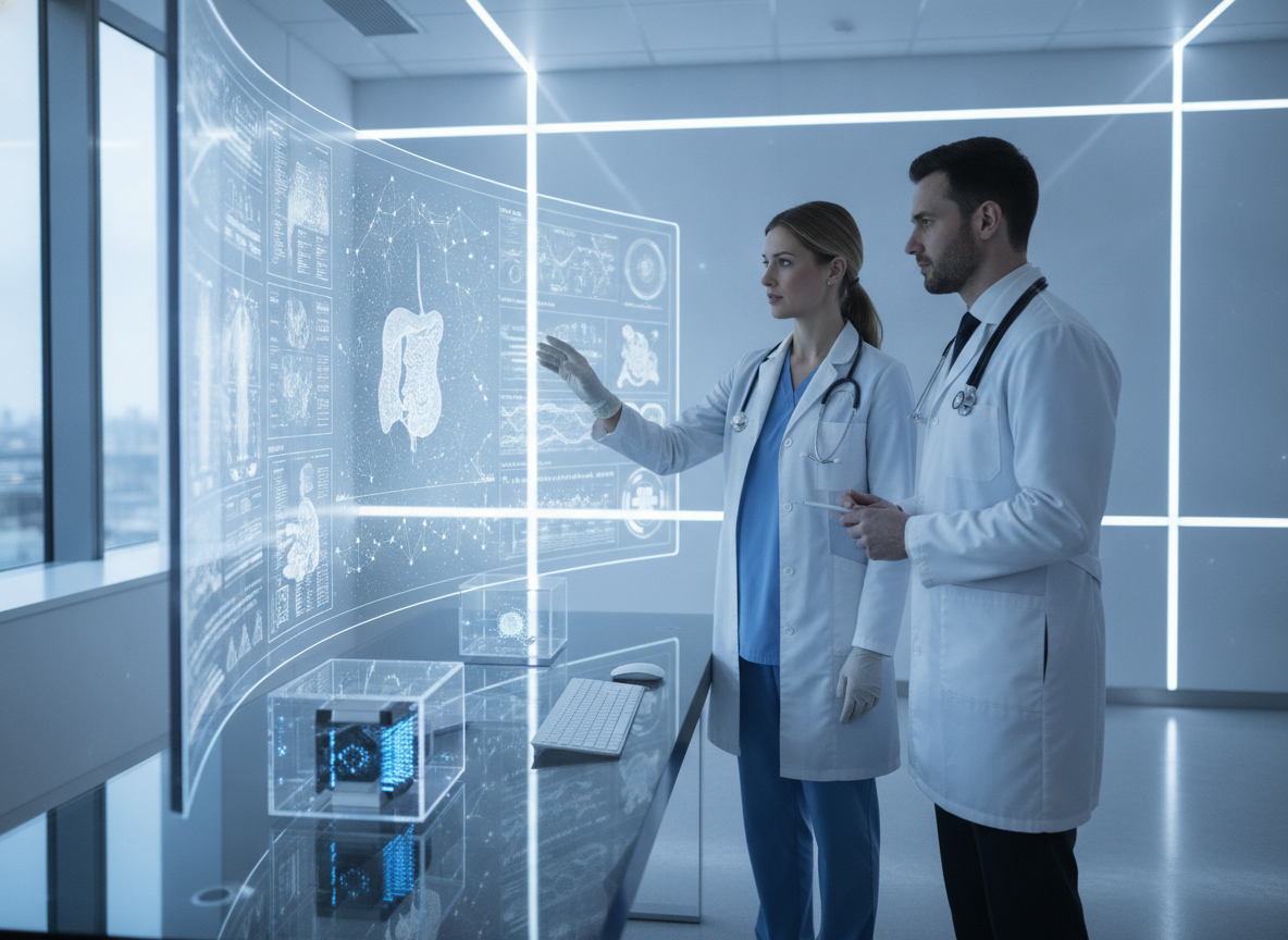 Médicos interagem com tela de IA em ambiente hospitalar moderno | Imagine Company - Agência de Marketing e Vendas em Goiânia - GO - BRASIL