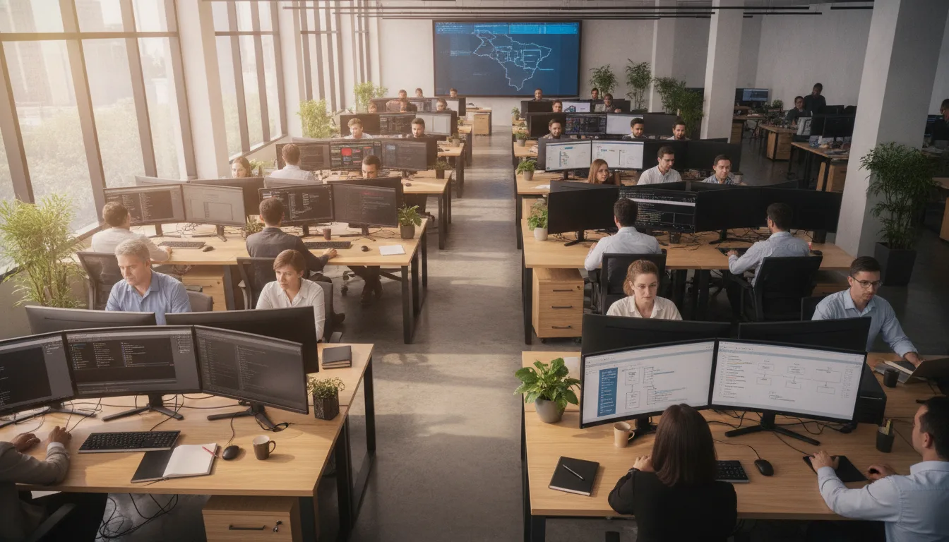Profissionais em escritório usando computadores para automação | Imagine Company - Agência de Marketing e Vendas em Goiânia - GO - BRASIL