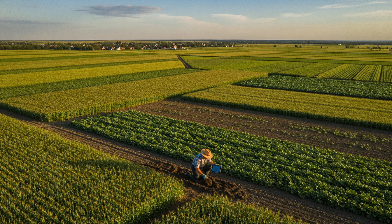 Agricultor trabalhando em vasta lavoura verde ao pôr do sol | Imagine Company - Agência de Marketing e Vendas em Goiânia - GO - BRASIL