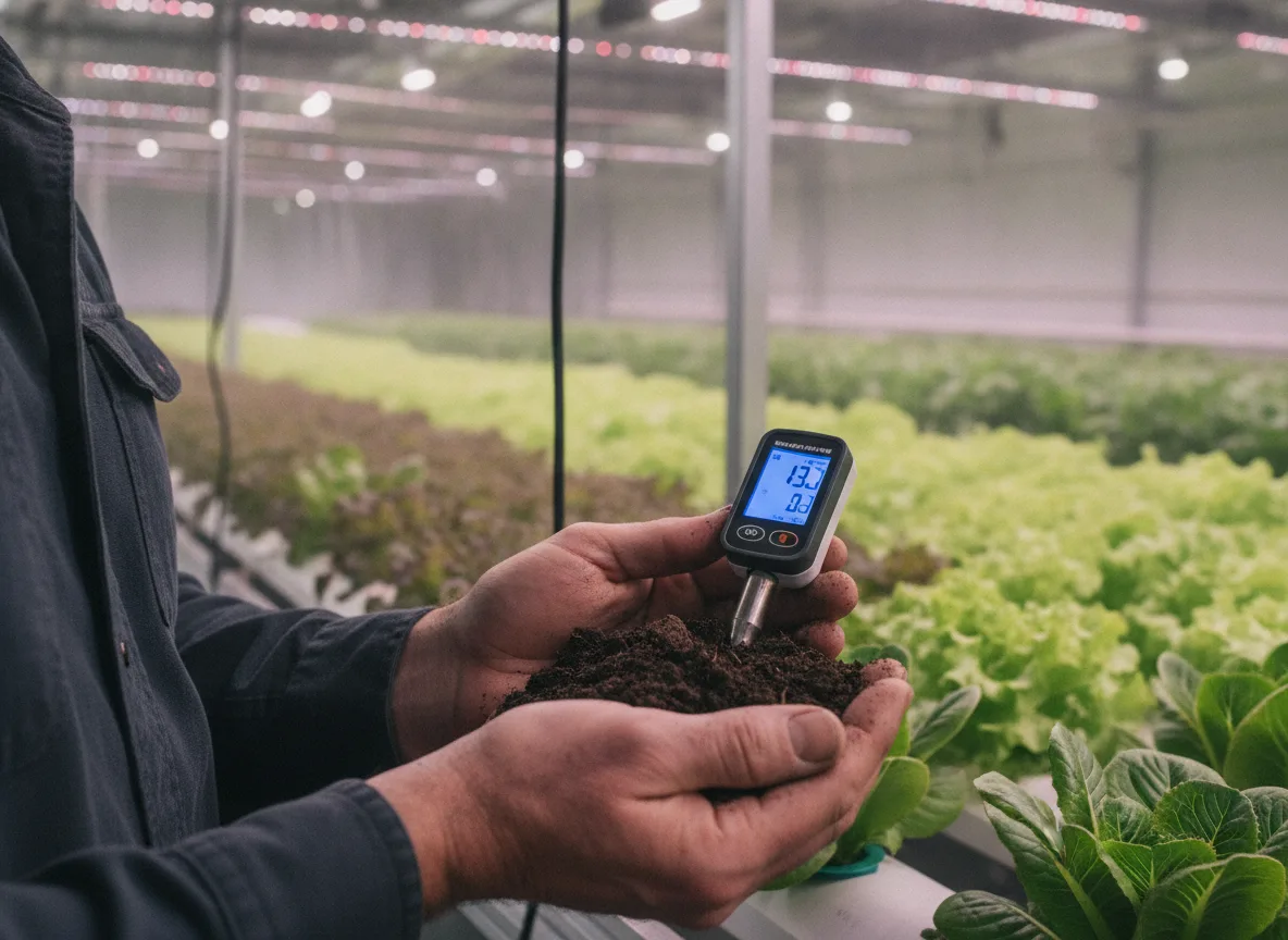 Agricultor segurando medidor de solo em estufa com plantas | Imagine Company - Agência de Marketing e Vendas em Goiânia - GO - BRASIL
