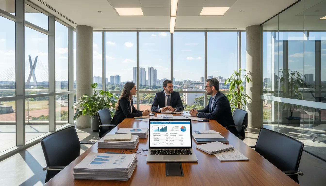 Três pessoas em reunião sobre planejamento tributário em escritório com vista para a cidade | Imagine Company - Agência de Marketing e Vendas em Goiânia - GO - BRASIL