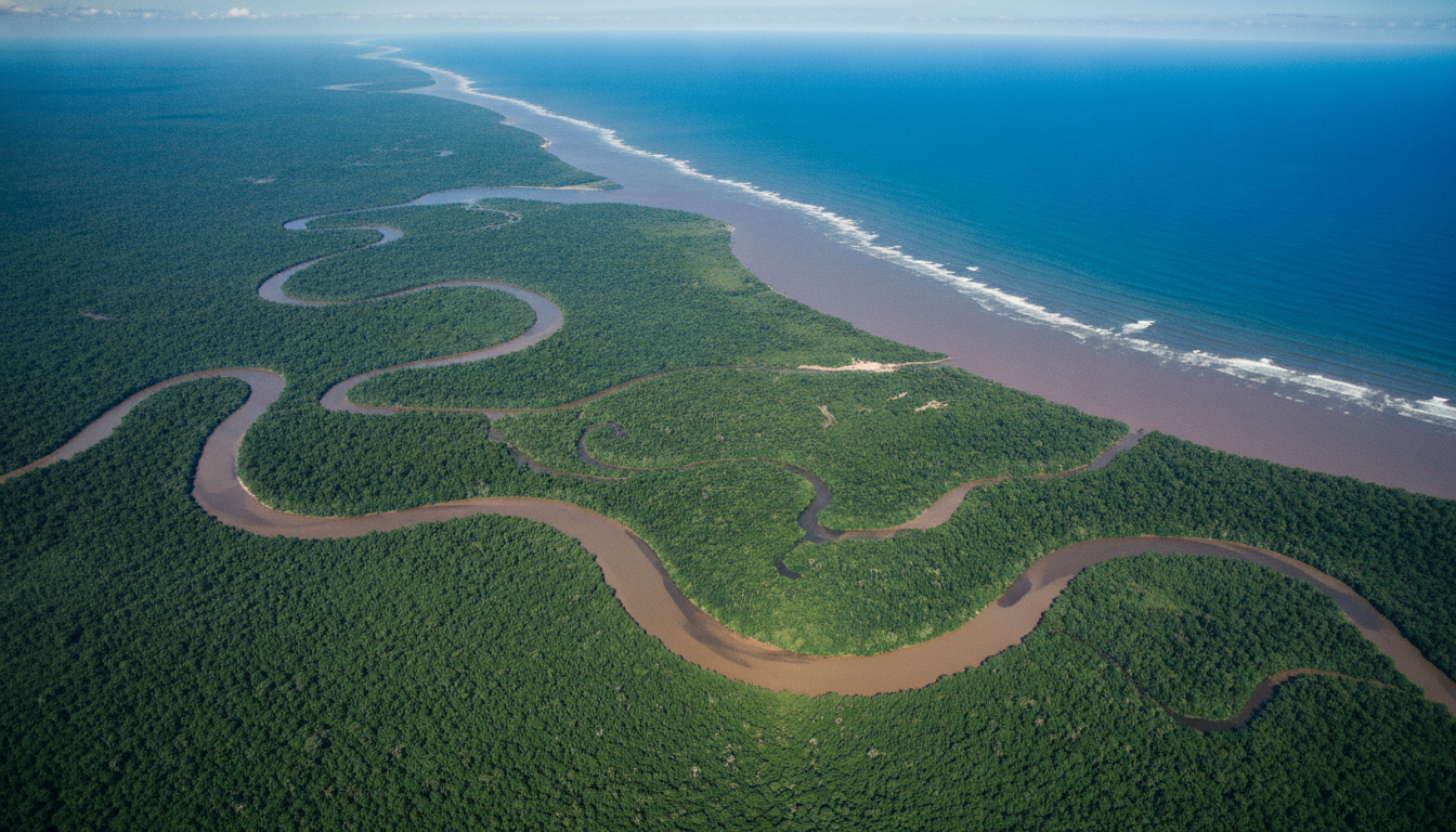 Imagem aérea da Foz do Amazonas com rios sinuosos e vegetação densa | Imagine Company - Agência de Marketing e Vendas em Goiânia - GO - BRASIL