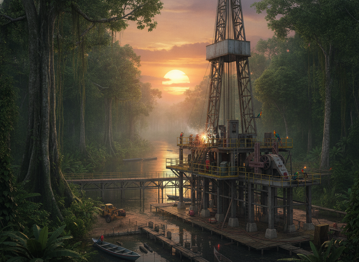 Plataforma de exploração no Foz do Amazonas ao pôr do sol em meio à floresta | Imagine Company - Agência de Marketing e Vendas em Goiânia - GO - BRASIL
