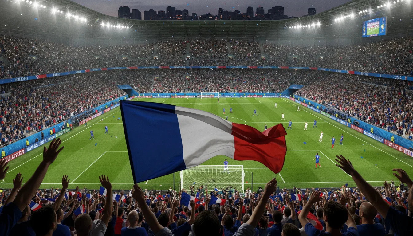 Torcida francesa com bandeira em estádio lotado durante jogo de futebol. | Imagine Company - Agência de Marketing e Vendas em Goiânia - GO - BRASIL