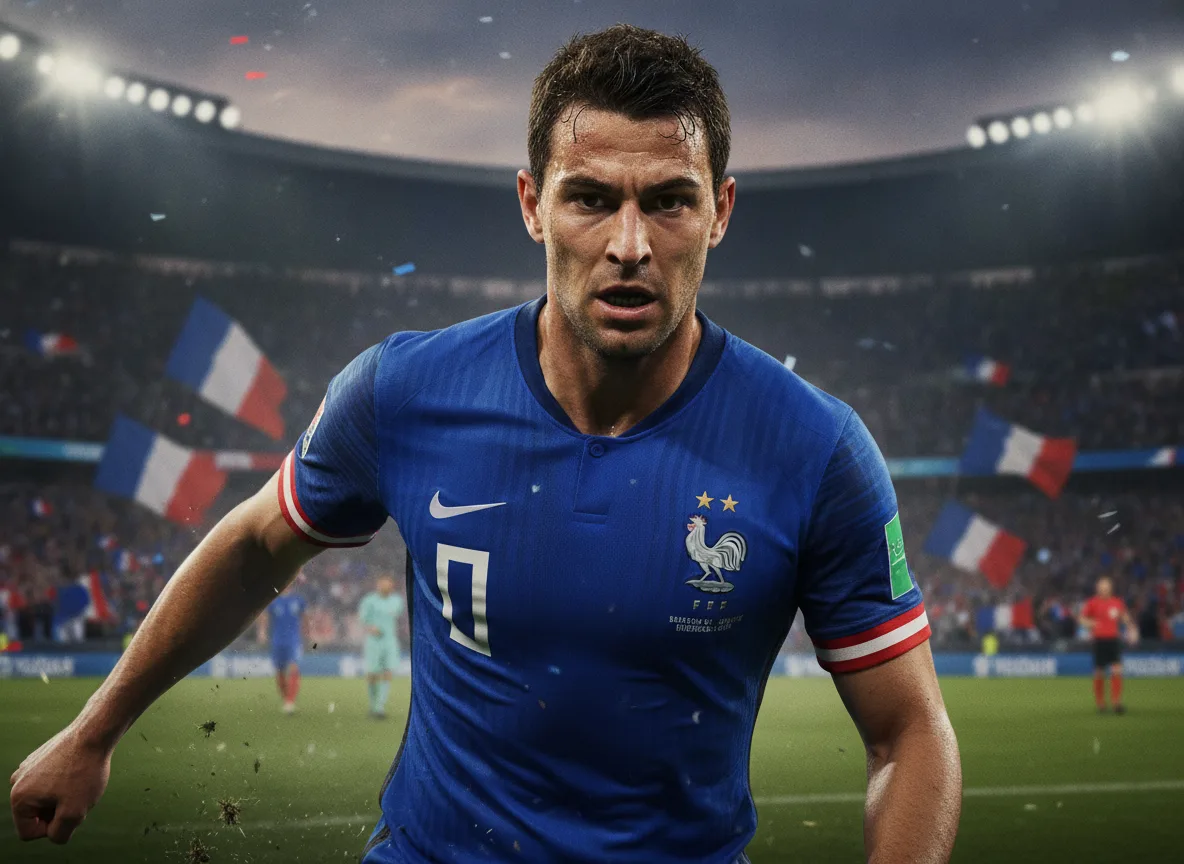 Jogador de futebol francês em ação com bandeiras da França no estádio | Imagine Company - Agência de Marketing e Vendas em Goiânia - GO - BRASIL