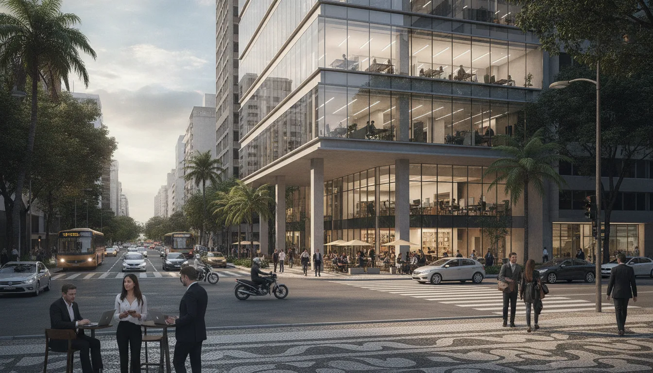 Prédio comercial moderno em São Paulo com pessoas na calçada | Imagine Company - Agência de Marketing e Vendas em Goiânia - GO - BRASIL