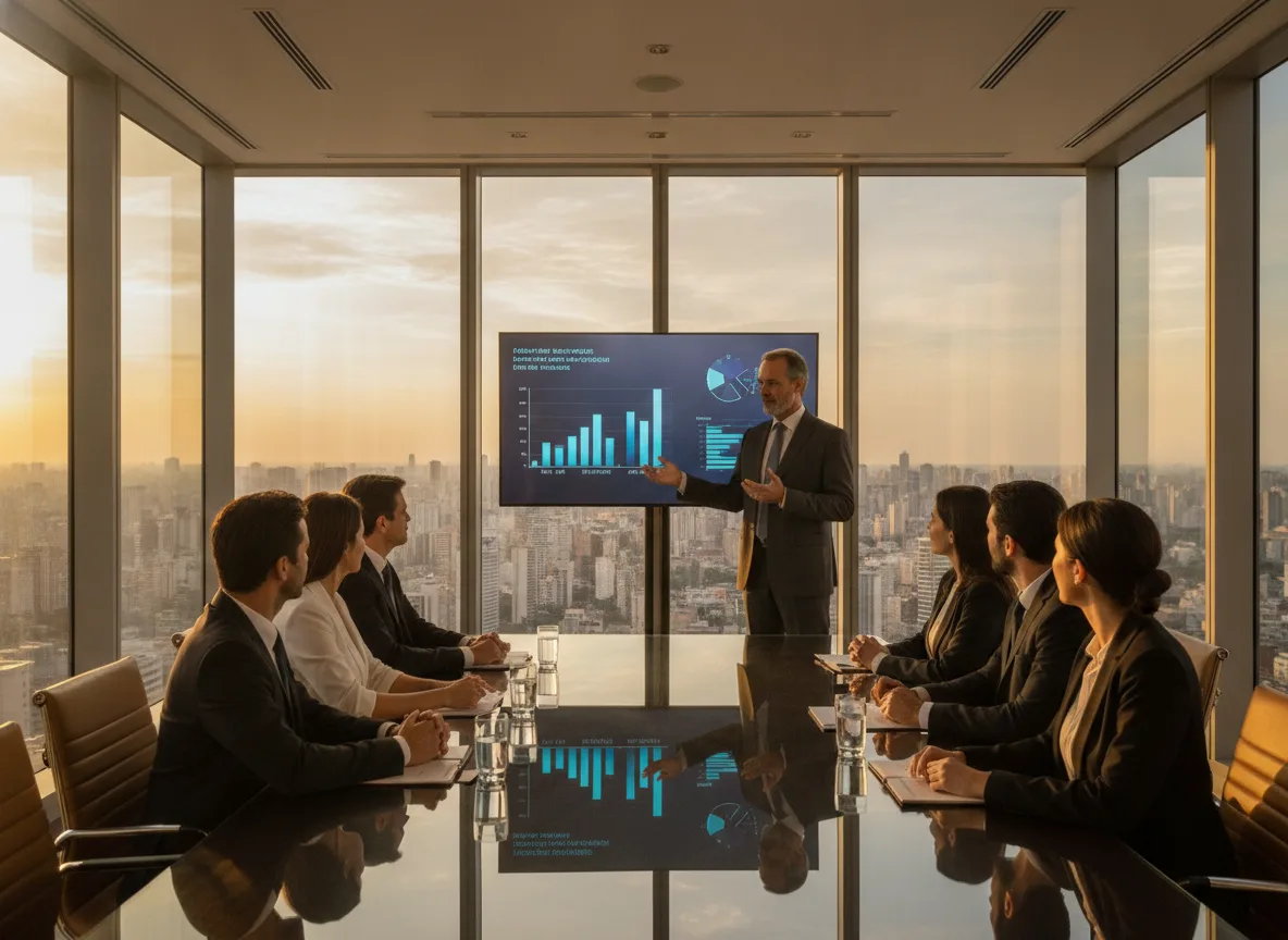 Executivos em reunião discutindo venda de fundo imobiliário com gráficos ao fundo | Imagine Company - Agência de Marketing e Vendas em Goiânia - GO - BRASIL