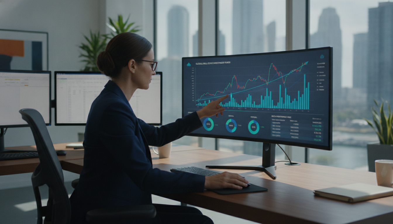 Mulher analisa gráficos de fundo imobiliário em tela de computador | Imagine Company - Agência de Marketing e Vendas em Goiânia - GO - BRASIL