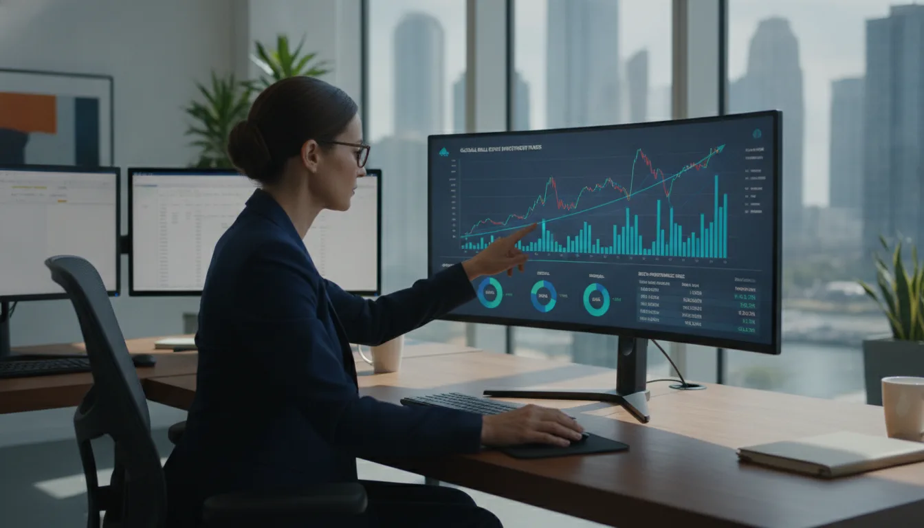 Mulher analisa gráficos de fundo imobiliário em tela de computador | Imagine Company - Agência de Marketing e Vendas em Goiânia - GO - BRASIL