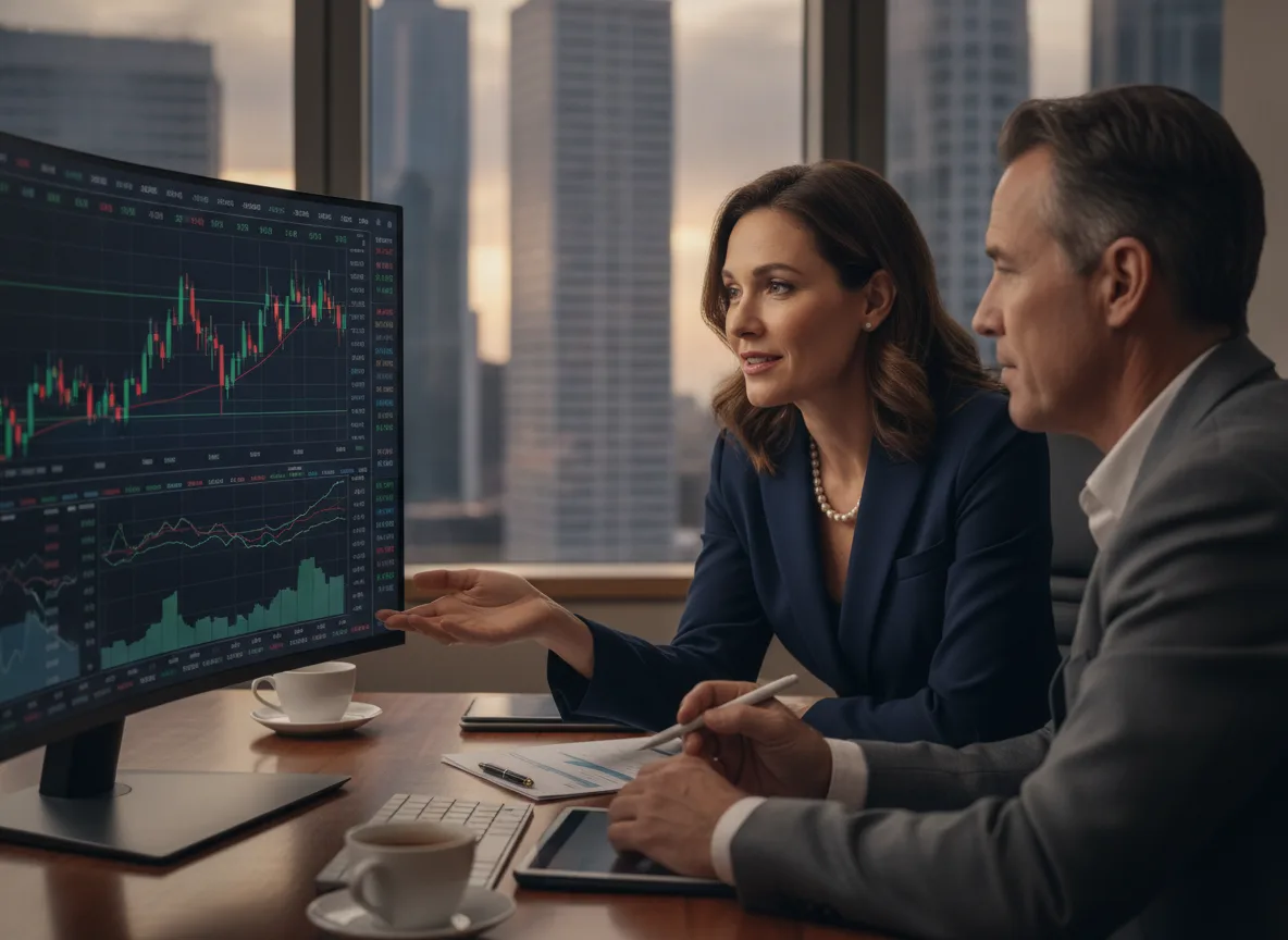 Dois profissionais analisam gráficos financeiros em um escritório moderno | Imagine Company - Agência de Marketing e Vendas em Goiânia - GO - BRASIL