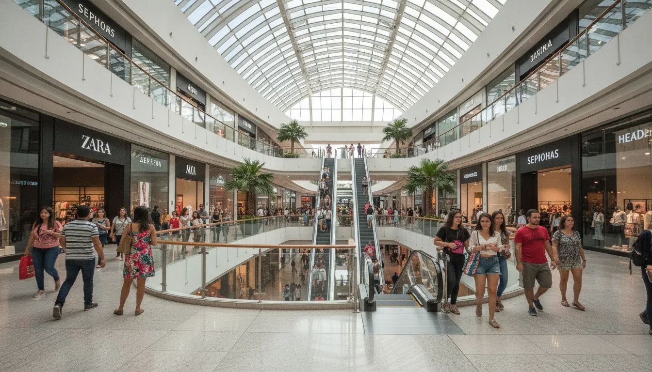 Vista interna de um shopping com lojas e pessoas caminhando | Imagine Company - Agência de Marketing e Vendas em Goiânia - GO - BRASIL